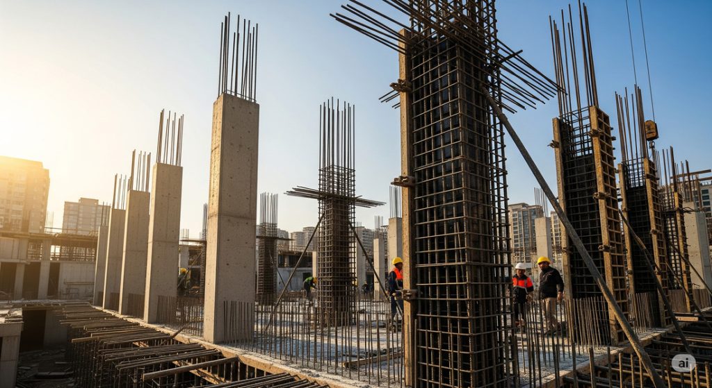 This image shows a construction site with a complex arrangement of reinforced concrete columns and beams, which are key elements of structural concrete work.